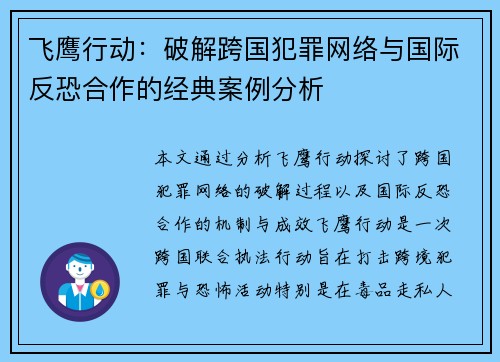 飞鹰行动：破解跨国犯罪网络与国际反恐合作的经典案例分析
